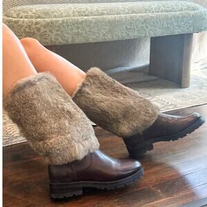 Frye Vintage Natalie Rabbit Fur Cuffed Burgundy Leather Boots 7.5